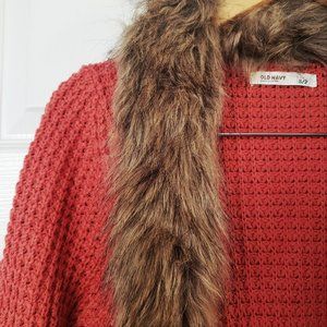 Old Navy Orange Belted Knit Cardigan with Faux Fur Collar